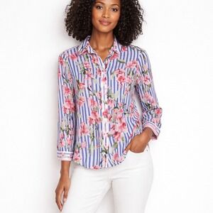 Talbots Petites Women's Petite Small Floral Stripe Button Down Shirt Top
